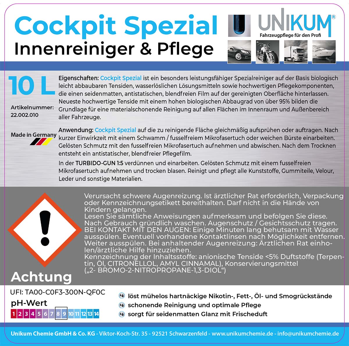 Unikum Cockpit Spezial Innenreiniger & Pflege 10L