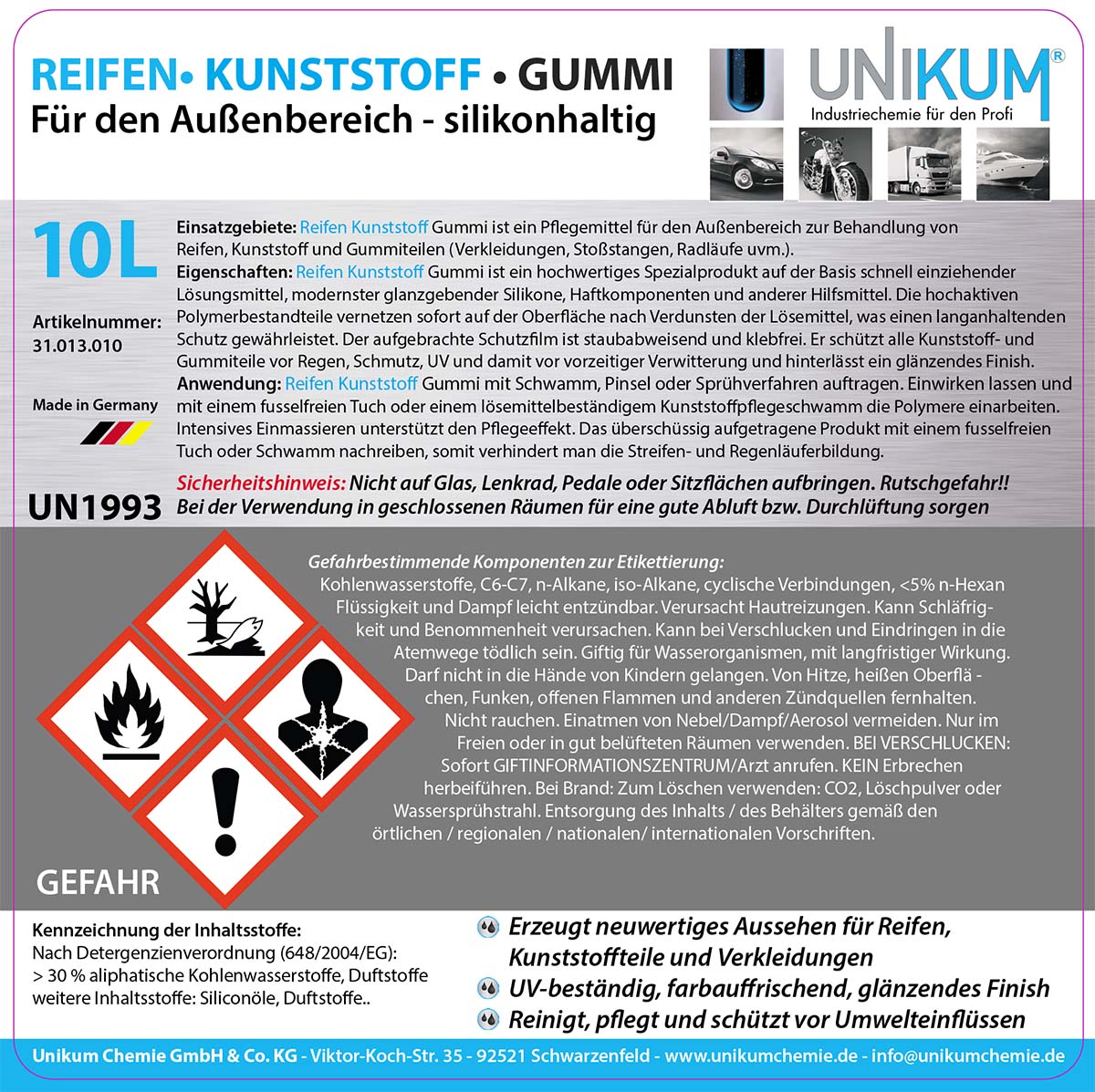 Unikum Reifen-, Kunststoff- und Gummipfleger 10L